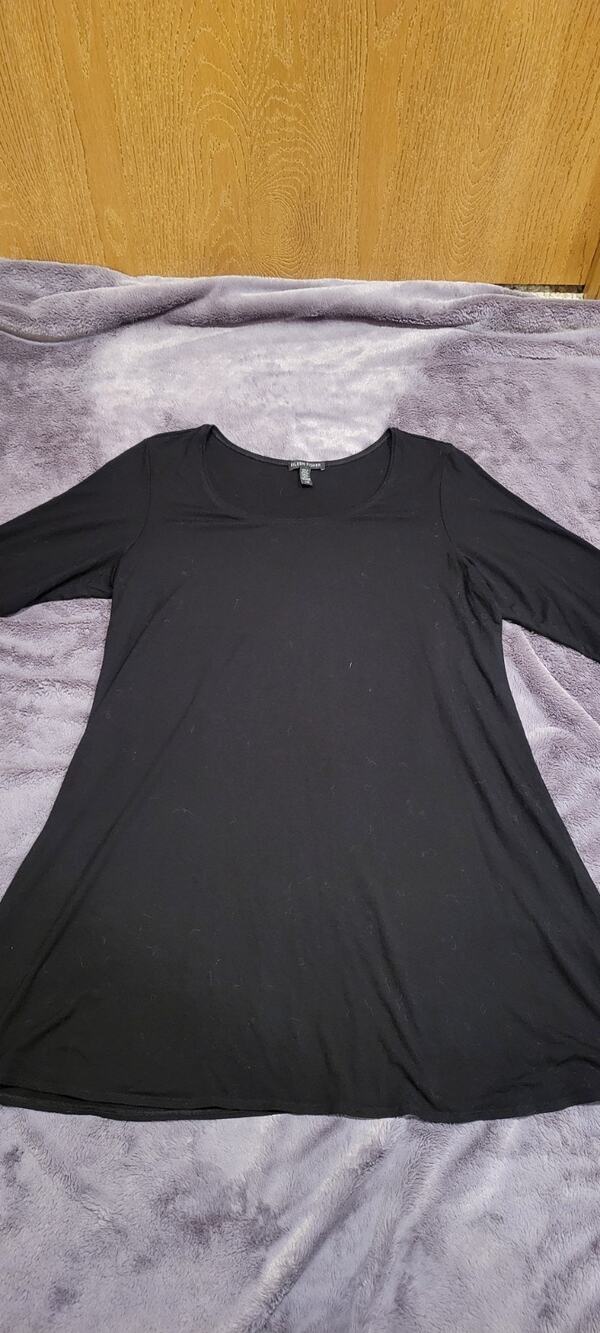 Eileen Fisher Tunic Top Womens L Black Viscose Jersey Swing Shirt Quite Luxury